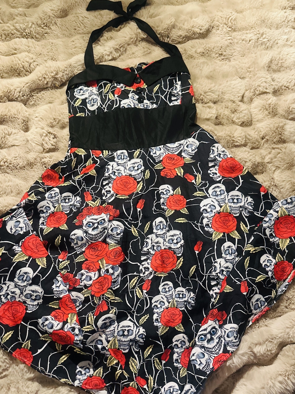 Black Halter Backless Dress with Red Rose & Skull Print